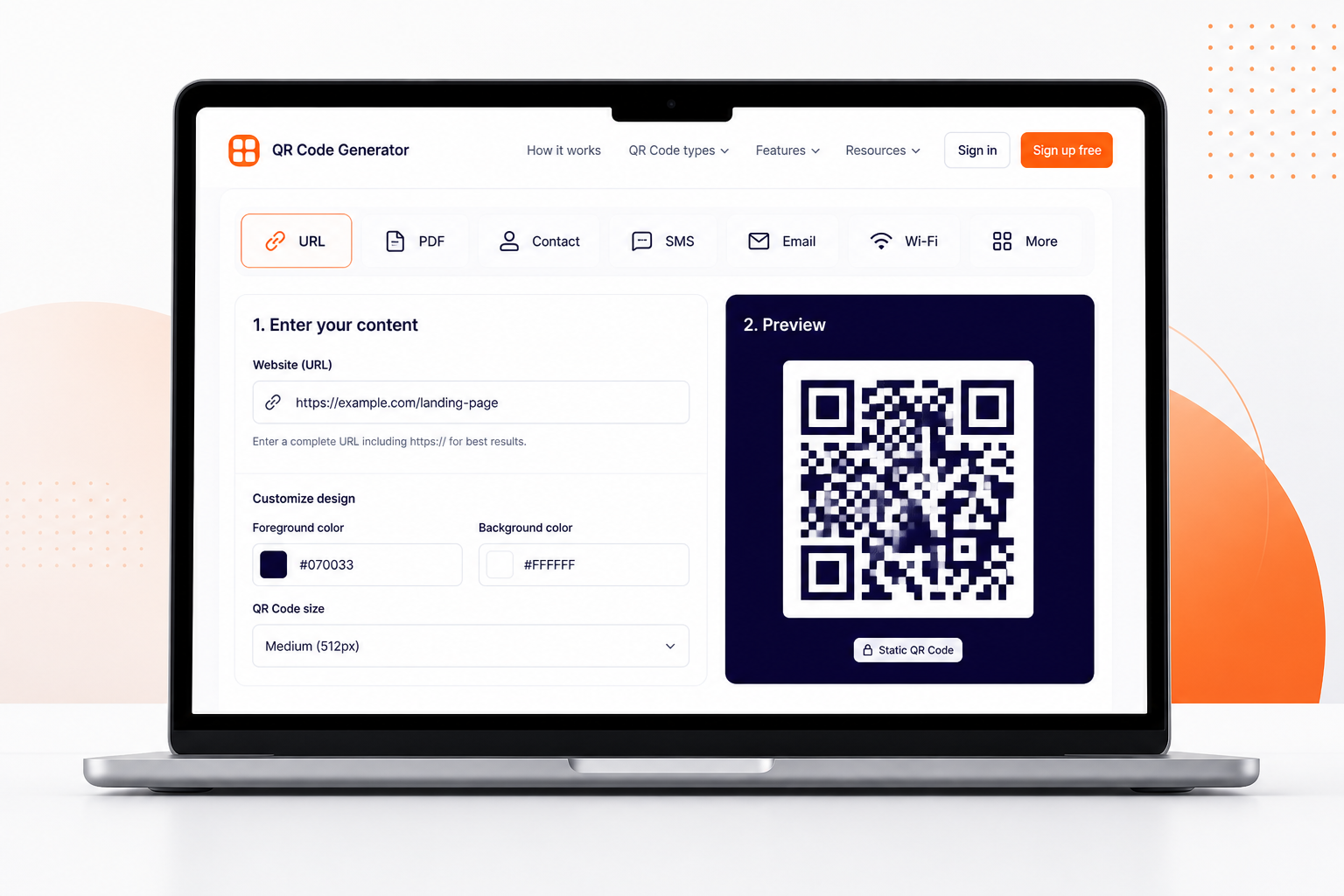 QR code generator interface showing QR type selection and URL entry