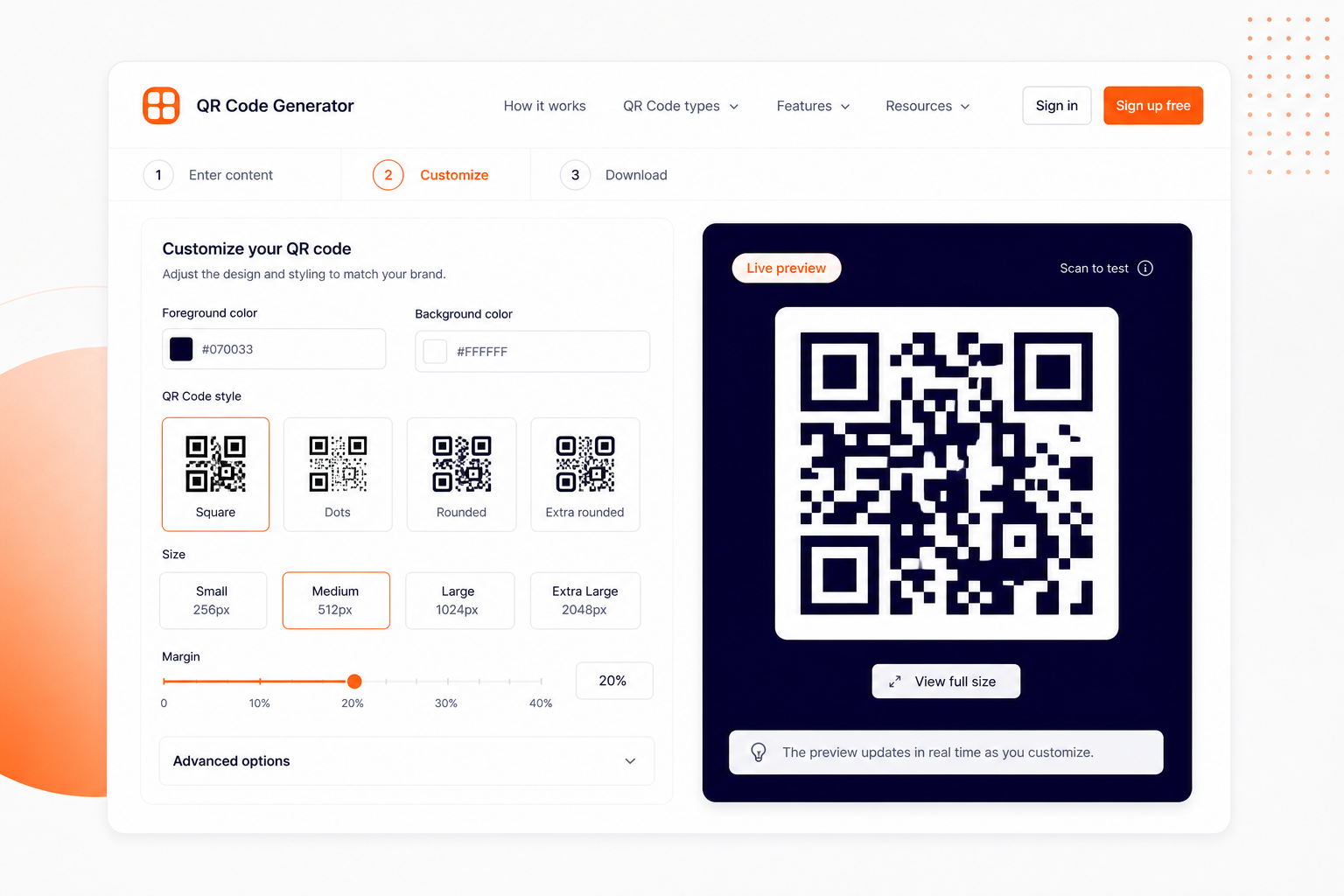 QR code generator interface showing customization controls and live QR preview