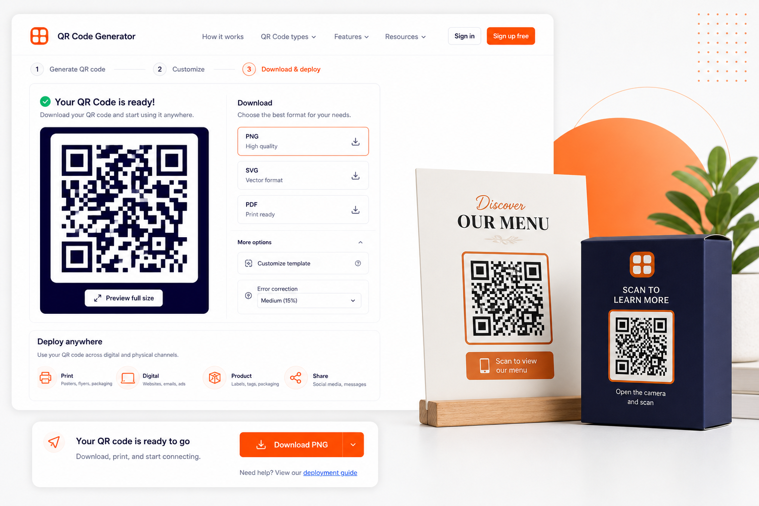 QR code export interface with QR code shown on packaging and print materials