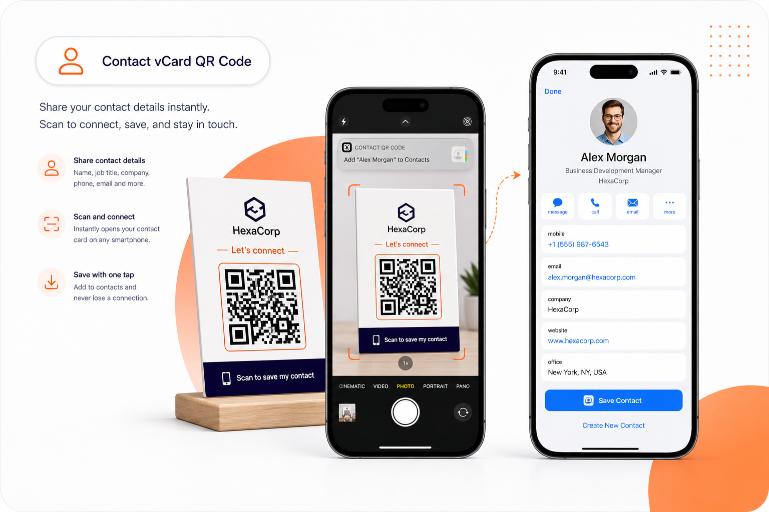 QR code opening a digital contact card on a smartphone