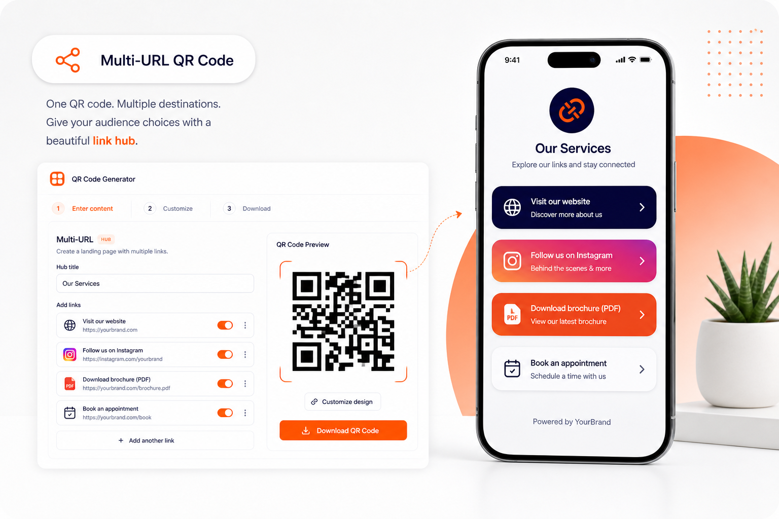 One QR code opening a multi-link hub with several destination buttons