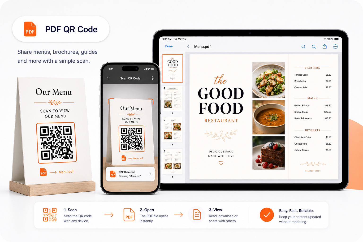 QR code opening a PDF brochure or menu preview on a device
