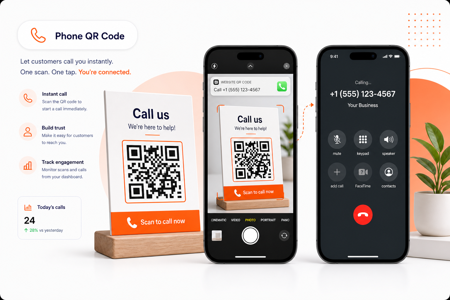 QR code opening a tap-to-call phone screen