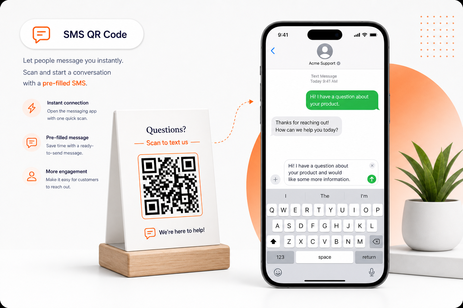 QR code launching a pre-filled SMS draft on a phone